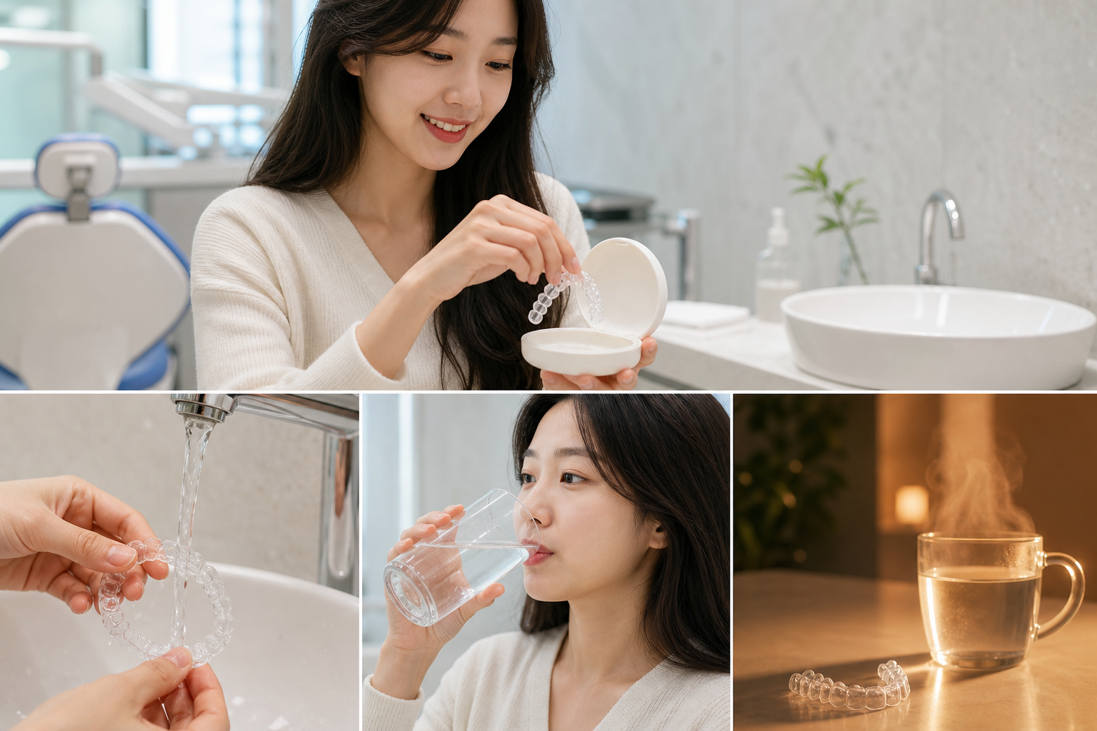 투명교정 장치를 전용 케이스에 보관하고 차가운 물로 세척하며 물을 마실 때 착용하는 관리 방법을 보여주는 그림