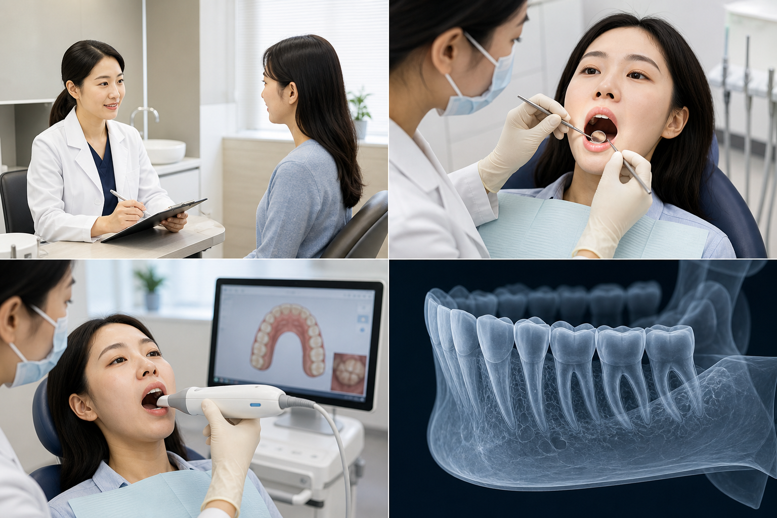 투명교정 전 문진, 구강검사, 디지털 스캔, 치아 뿌리와 턱뼈 확인 과정을 구성한 인포그래픽