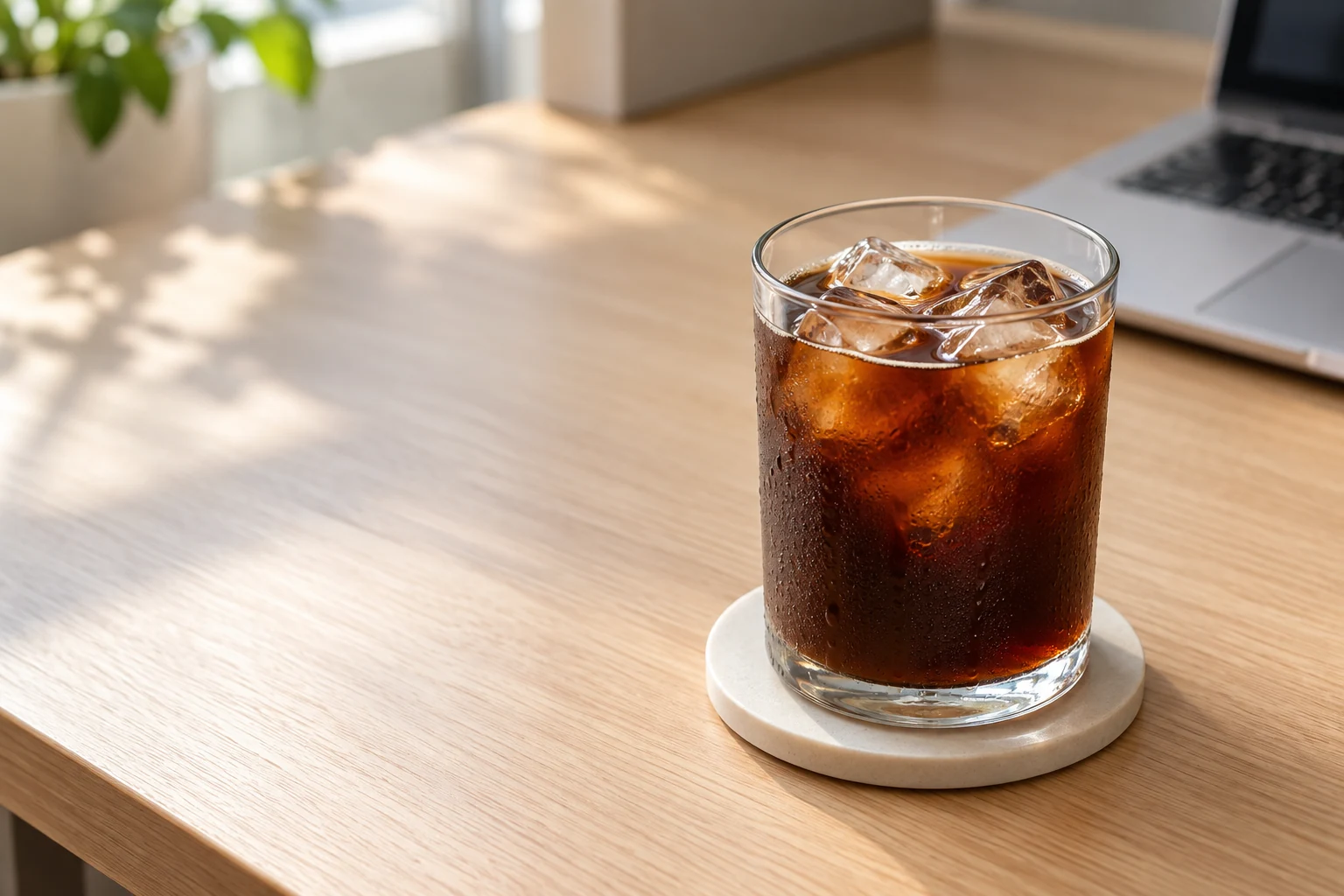 An iced Americano on a cafe table