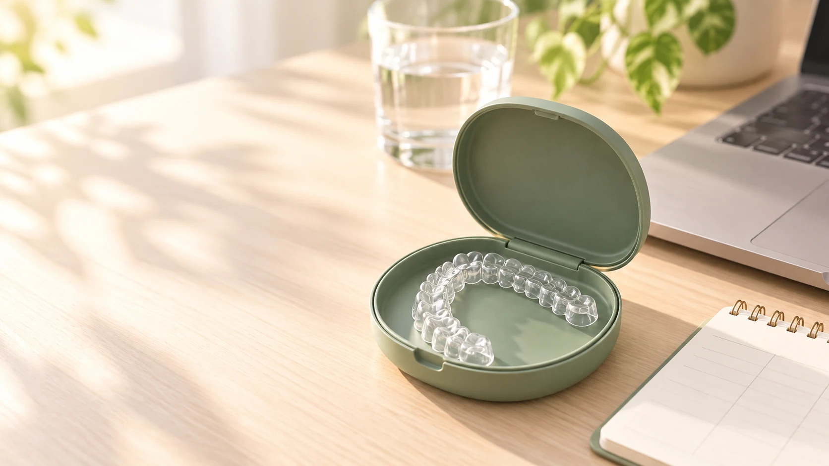 Clear aligners in a case beside a laptop on an office desk